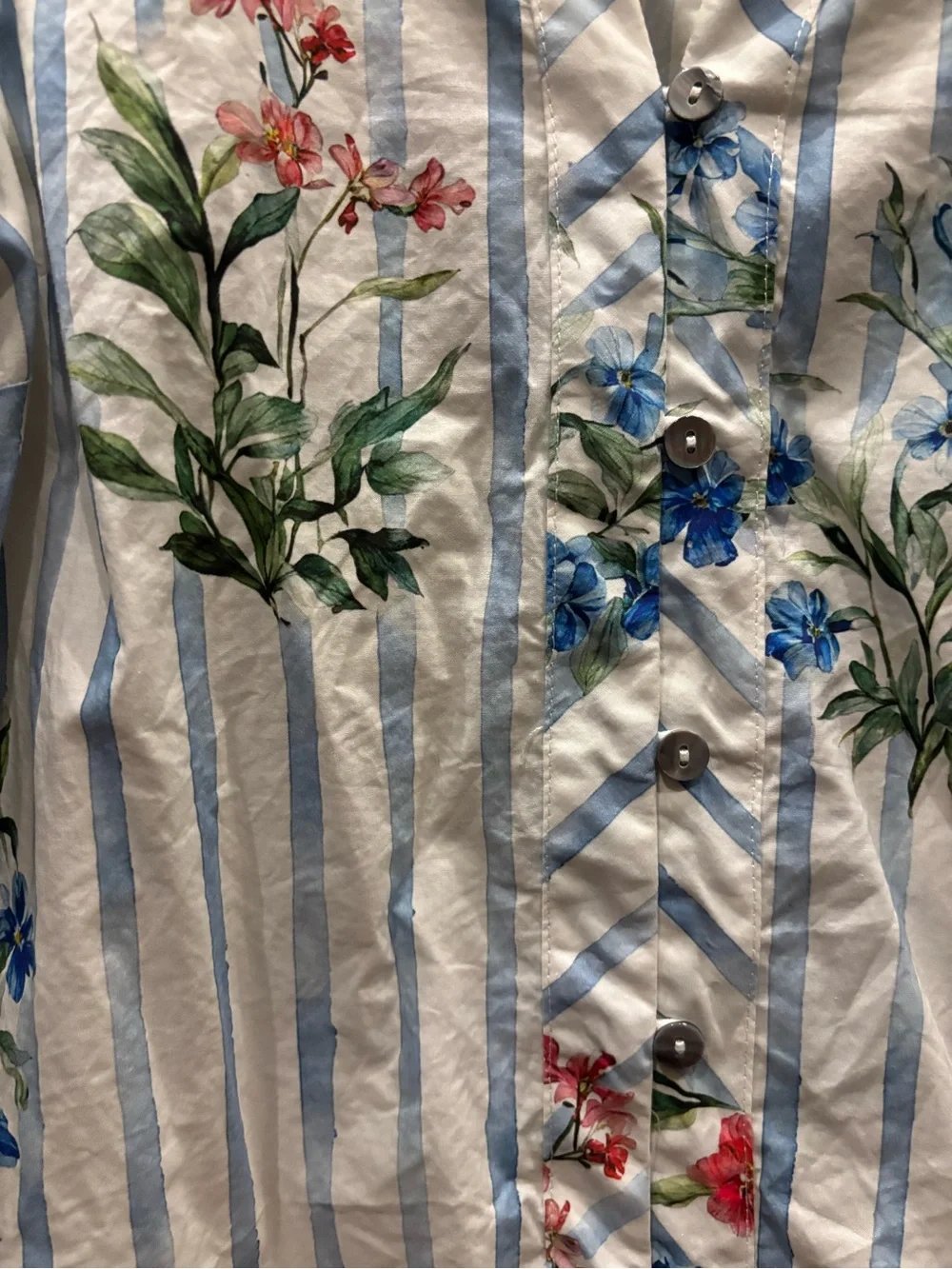 Entro Striped Floral Puff-Sleeve Blouse - Blue/White, size small